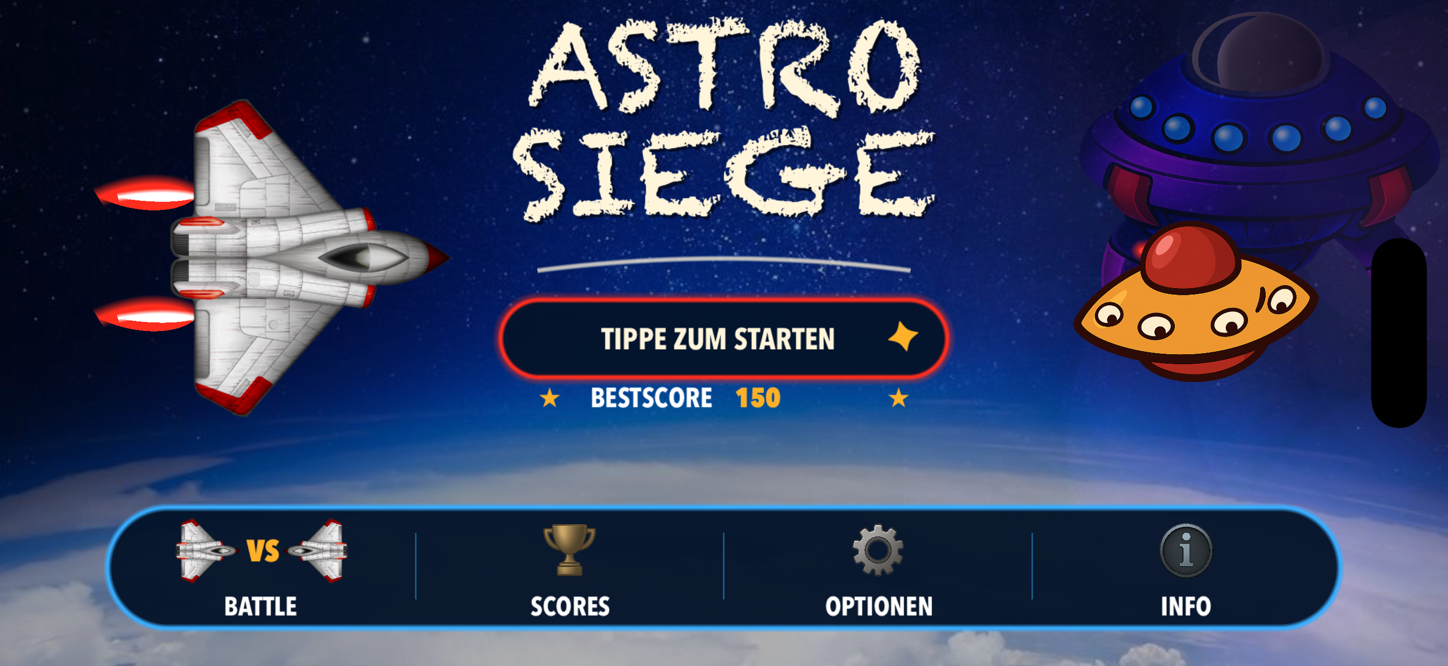 Astro Siege start screen with two spaceships in space