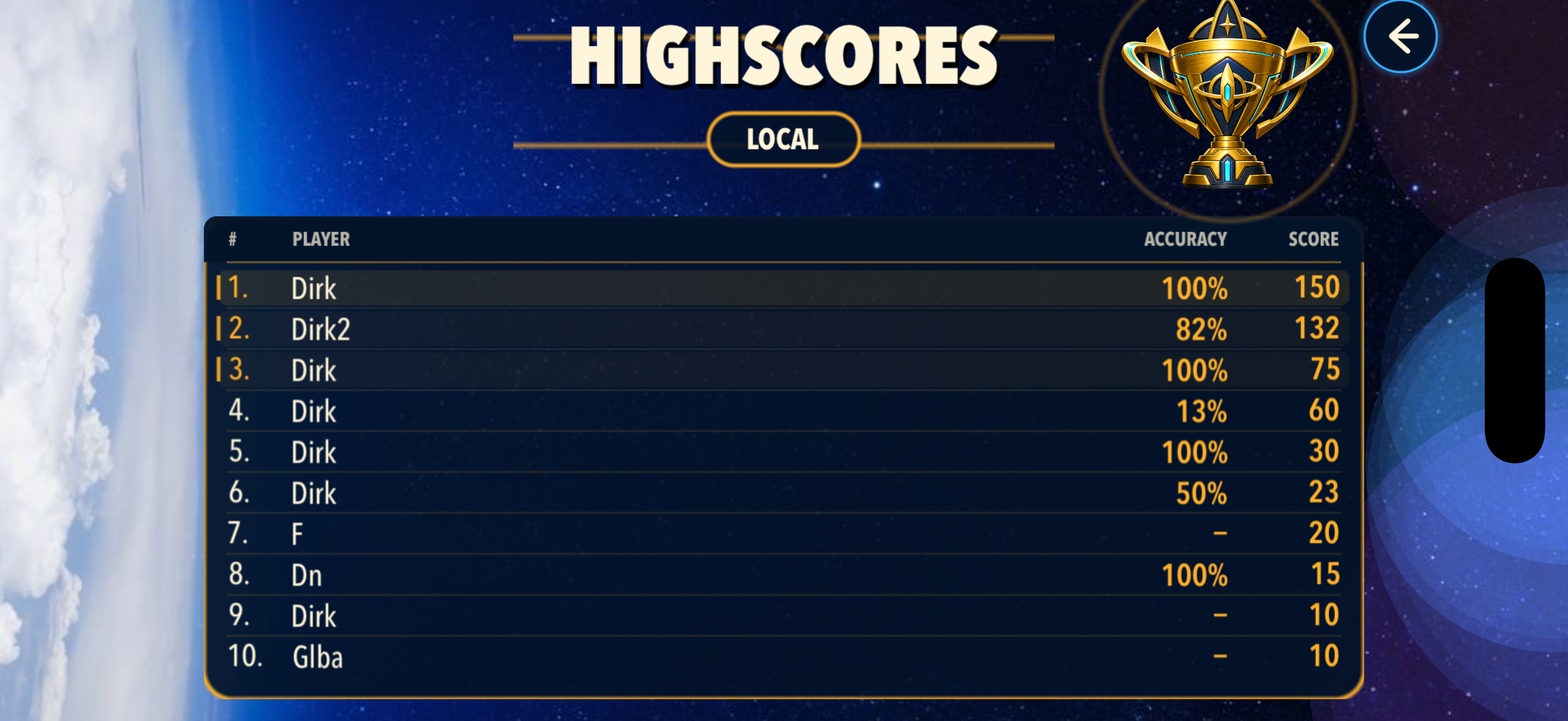 Astro Siege highscore screen